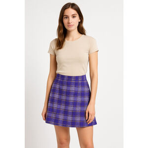 VTG 70s Purple Plaid Flared Mini Skirt Polyester A-Line Mod Preppy SZ SM W 26